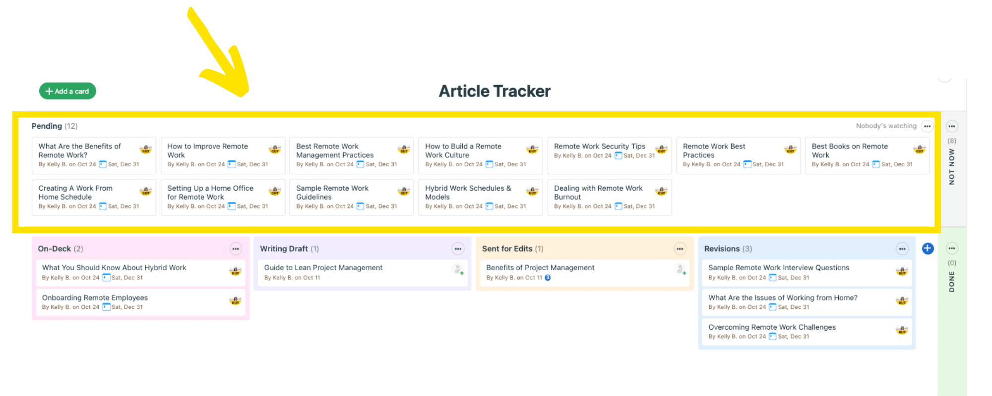 Creating a project management system for content begins with adding Kanban cards for each content idea