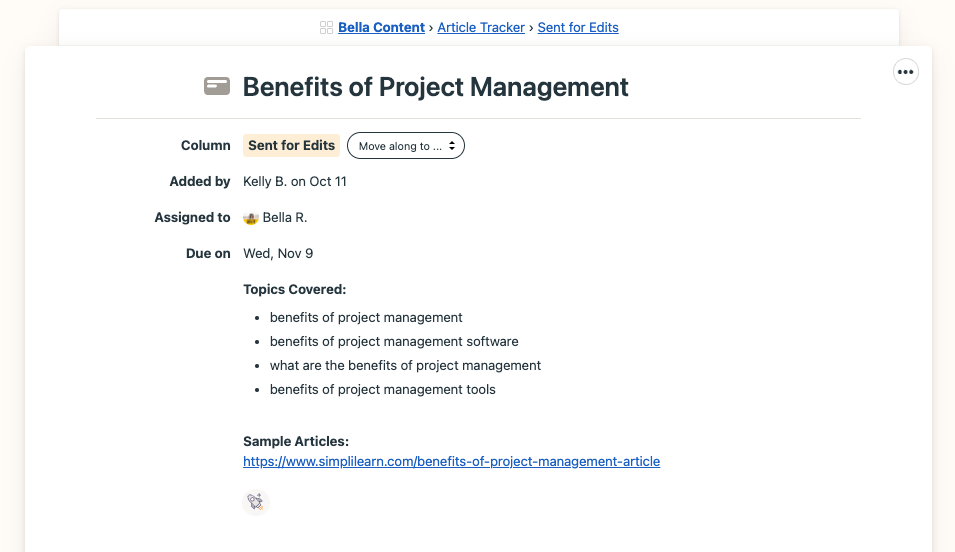 Each article Kanban card get populated with all the pertinent details