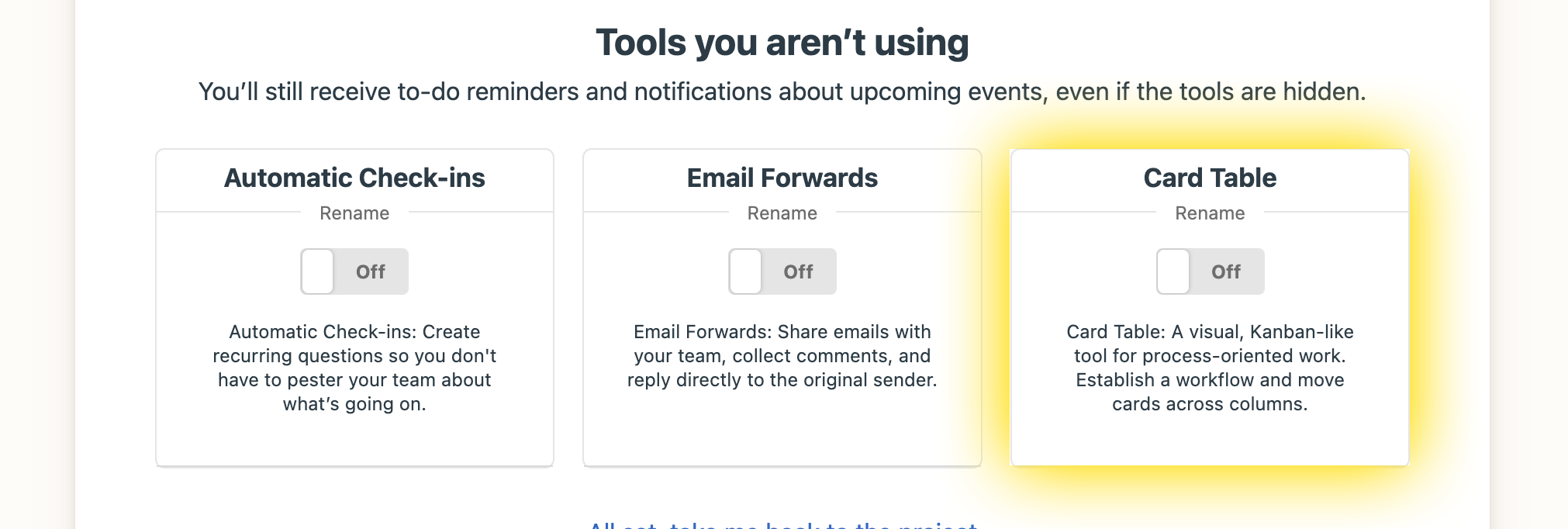 Turn on Card Table to access your Kanban Board.