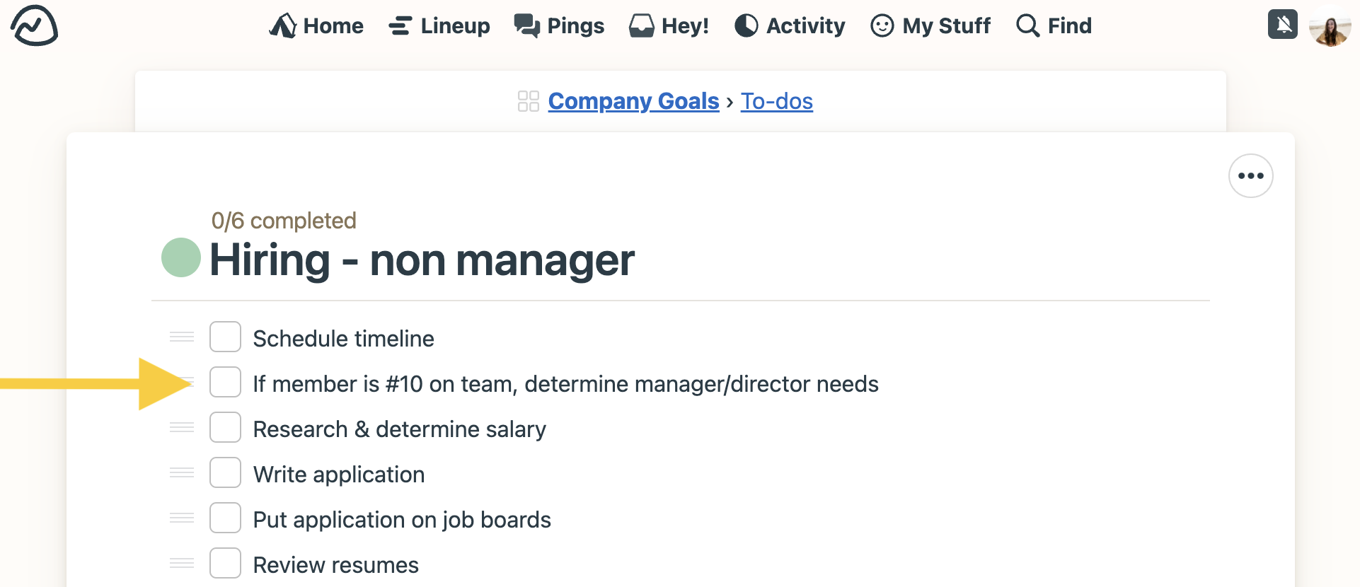 Example of hiring to-do list in Basecamp with a list item dedicated to determining the needs of the manager or director.