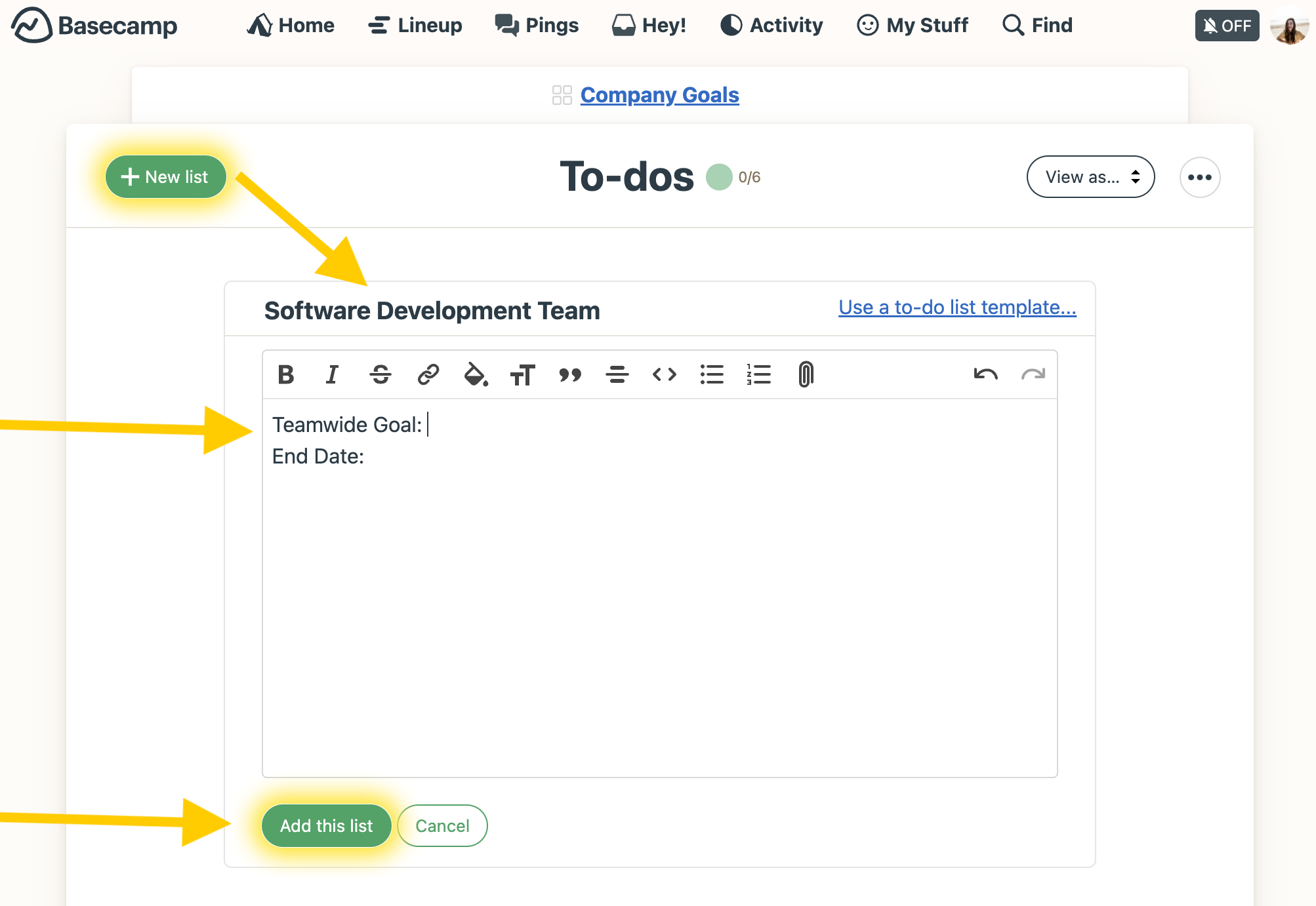 Example of creating a to-do list for each department inside Basecamp.