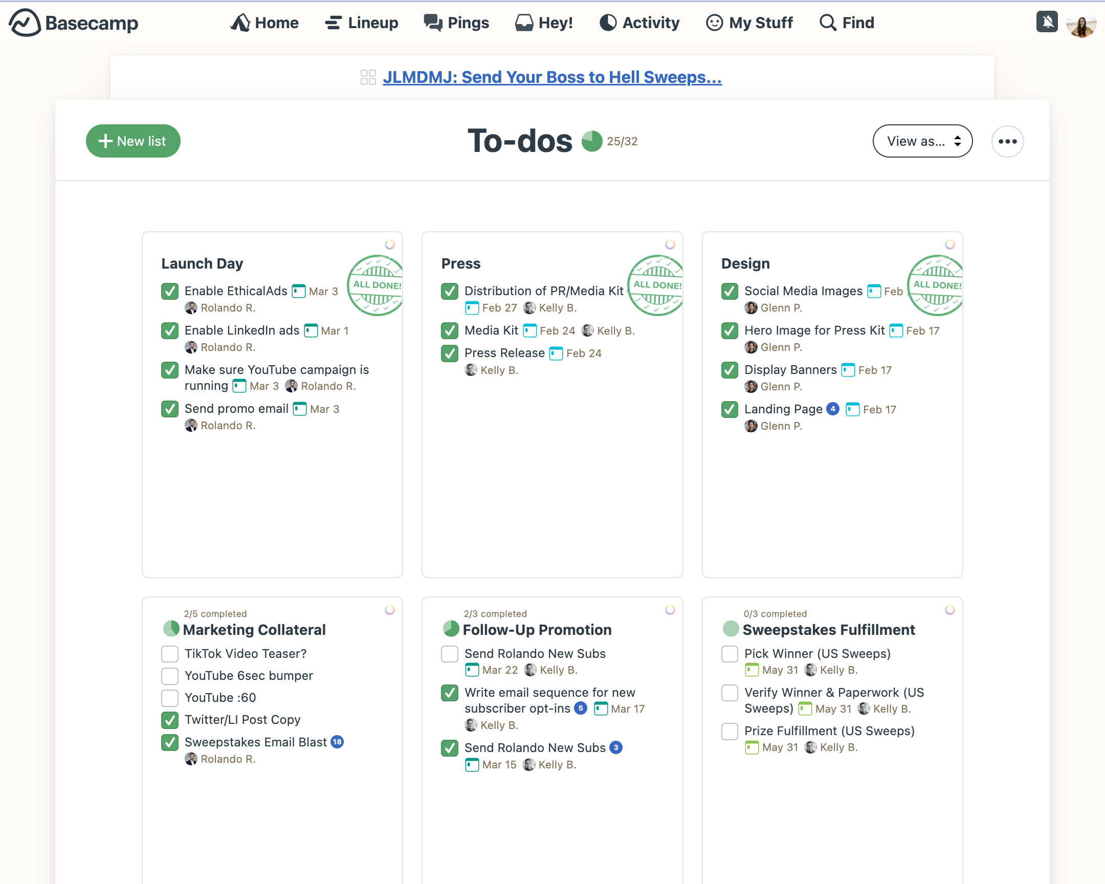 Example of using Basecamp’s To-Do list feature to separate action-items by type of work.