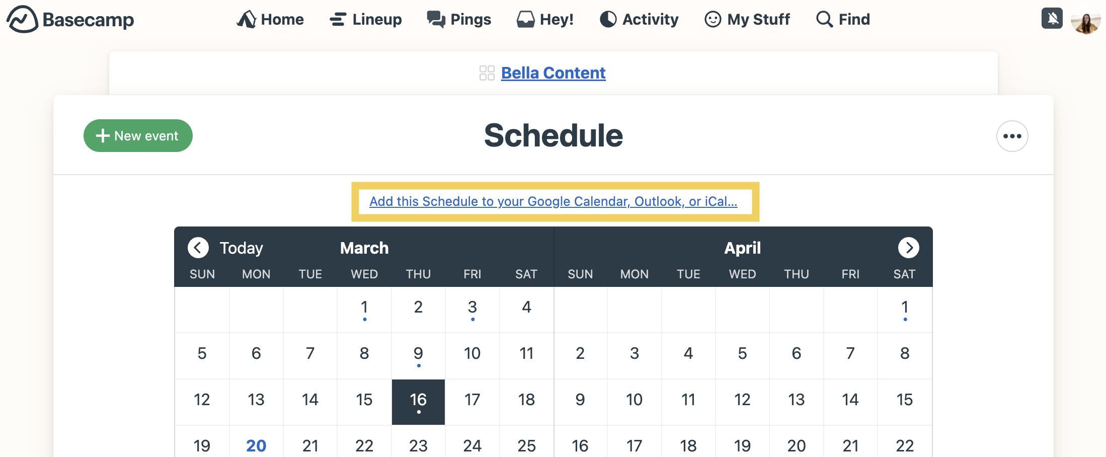 Option to sync your Google Calendar, Outlook, or iCal with Basecamp from the Schedule option inside your project.