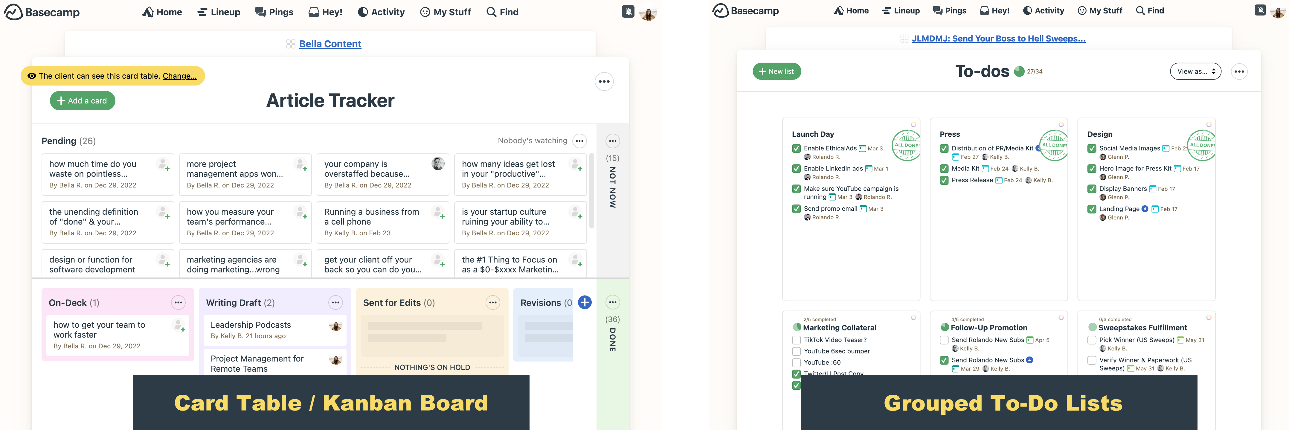 Comparing the carb table/kanban board style structure to the to-do list format inside a Basecamp project.