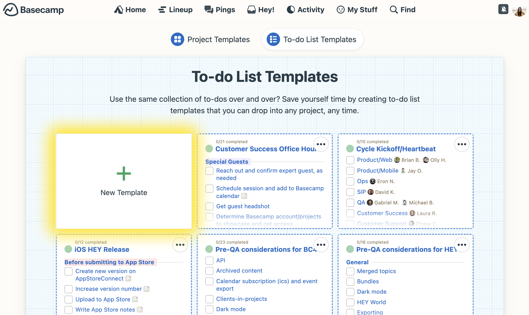 To make a new template in Basecamp, hit the 'New Template' tile and start building!