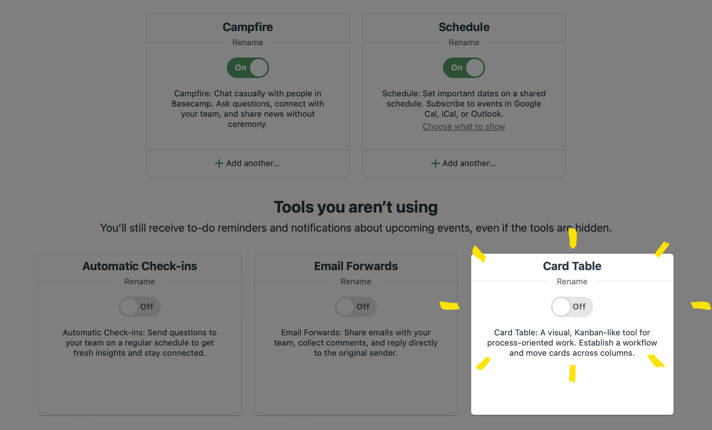 Use the Card Table feature inside a project's tools to access the Kanban Board