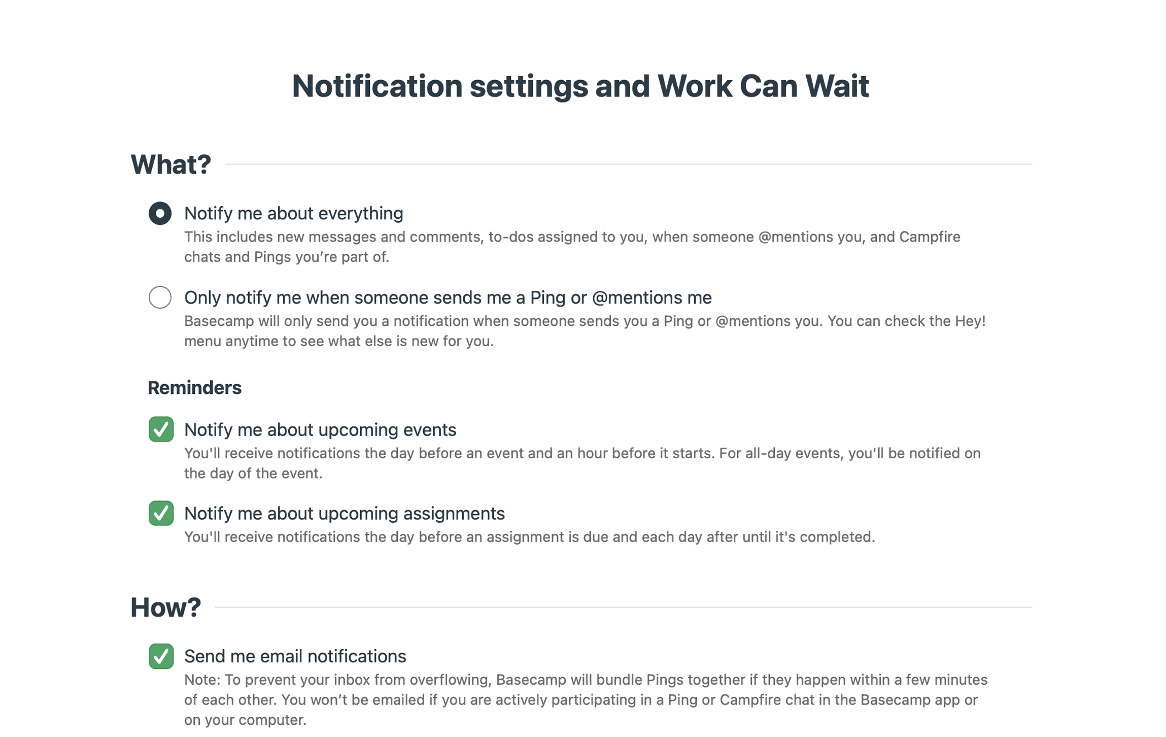 A look at how notifications can be customized to your specific work preferences inside Basecamp