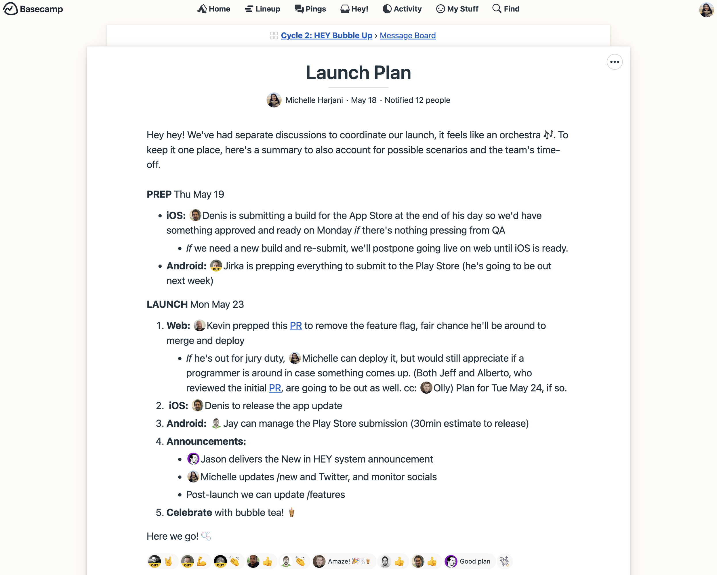 The Bubble Up launch plan inside Basecamp.