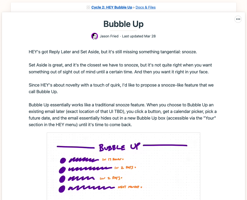 The original pitch and fat marker sketch for Bubble Up inside the Basecamp project