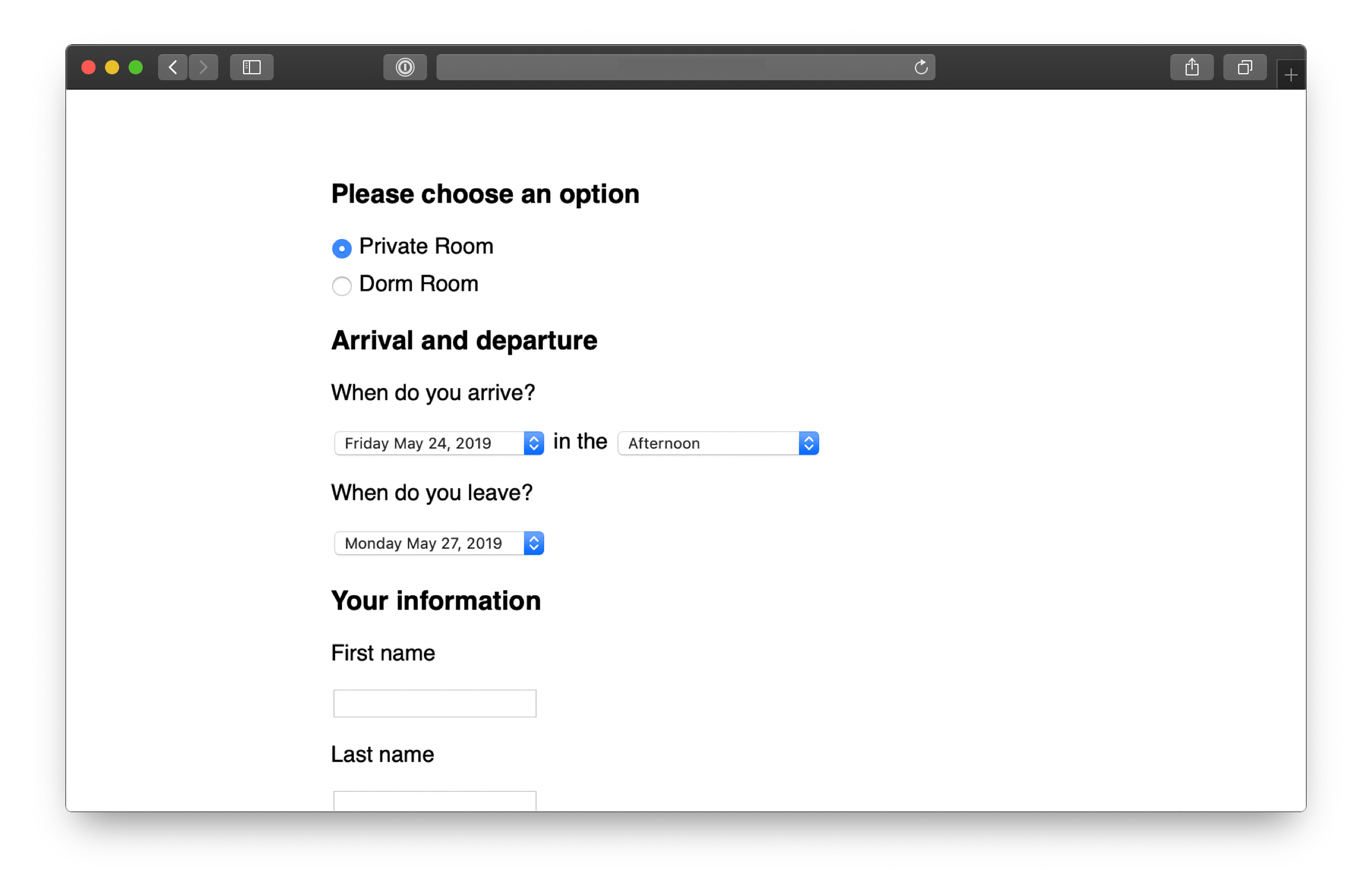 Screenshot of a web browser. Some form fields, labels, and headers present an interface, but there is no navigation around them or visual styling. They float on a white field and are themselves very unstyled.