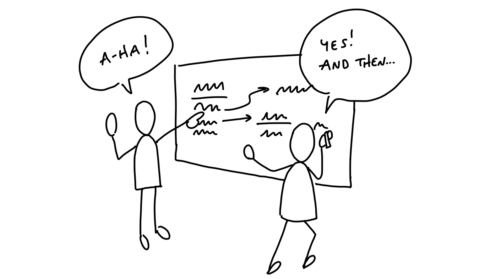 A cartoon. Two people are sketching on a whiteboard animatedly. One says 'a-ha!' while pointing to what they've drawn and the other, still sketching, says 'Yes! And then...'