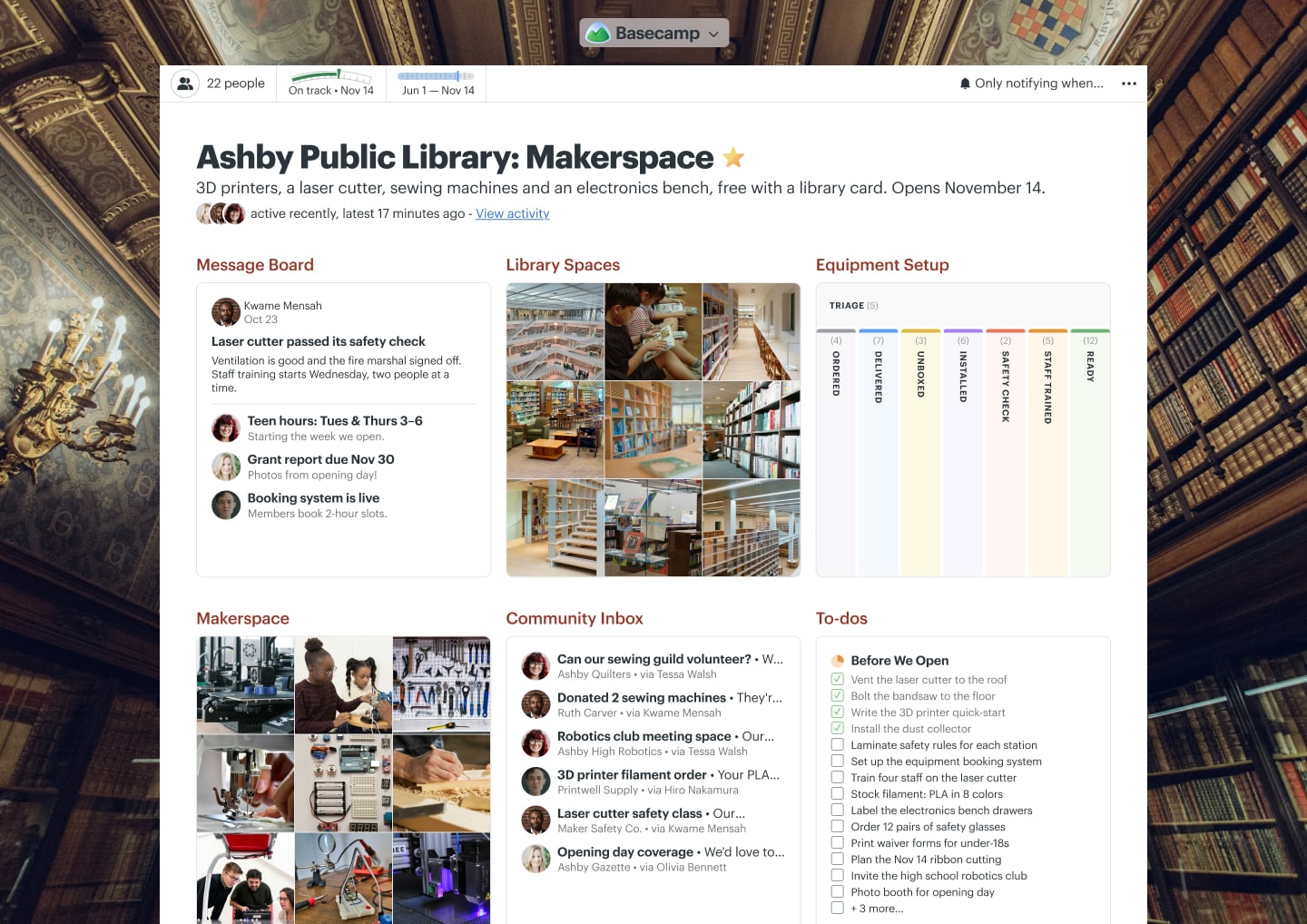 A library makerspace project in Basecamp with a Message Board, Docs & Files, To-dos, a Calendar, and Email Forwards