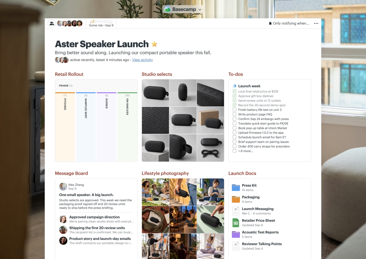 A product launch project in Basecamp with a Card Table, Docs & Files, a Message Board, To-dos, and Automatic Check-ins