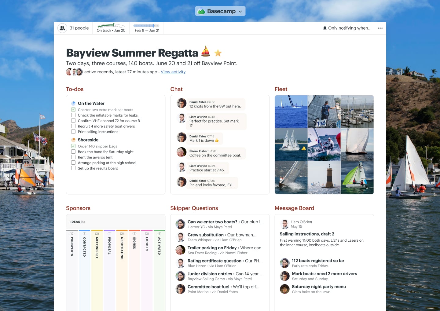 A sailing regatta project in Basecamp with a Message Board, Docs & Files, Chat, To-dos, and Email Forwards