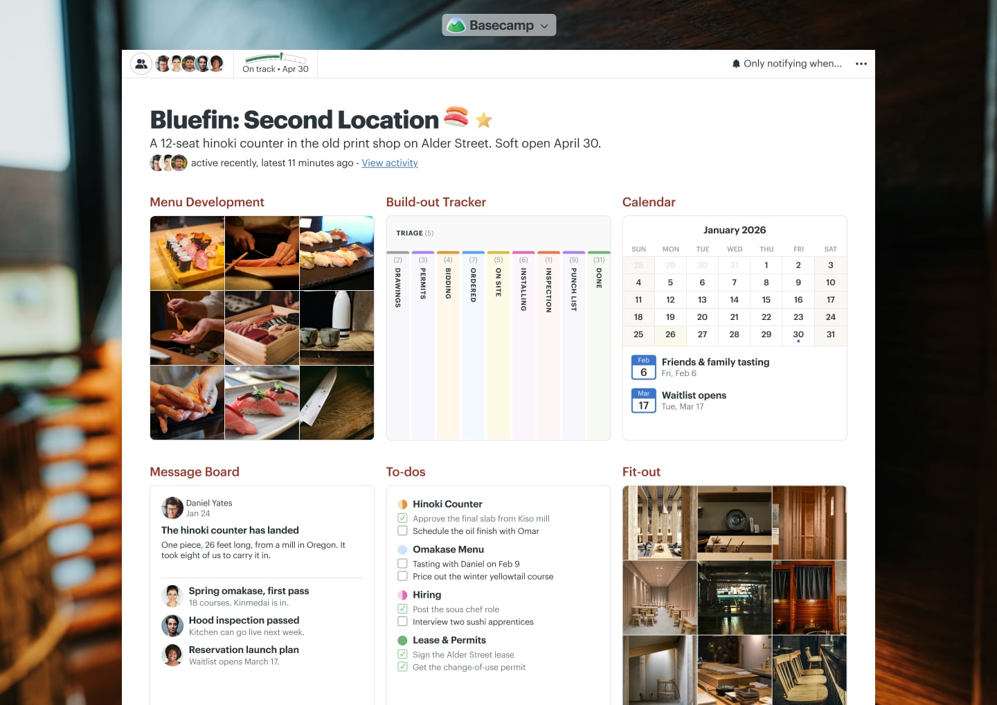 A second location opening project in Basecamp with Docs & Files, a Message Board, a Calendar, To-dos, and Chat