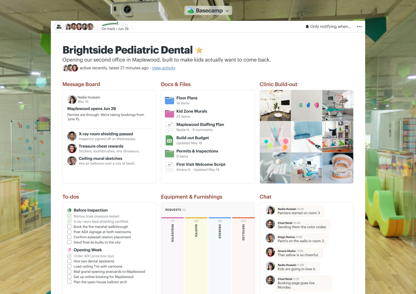 A new office build-out project in Basecamp with Docs & Files, a Message Board, Email Forwards, a Calendar, To-dos, and Chat