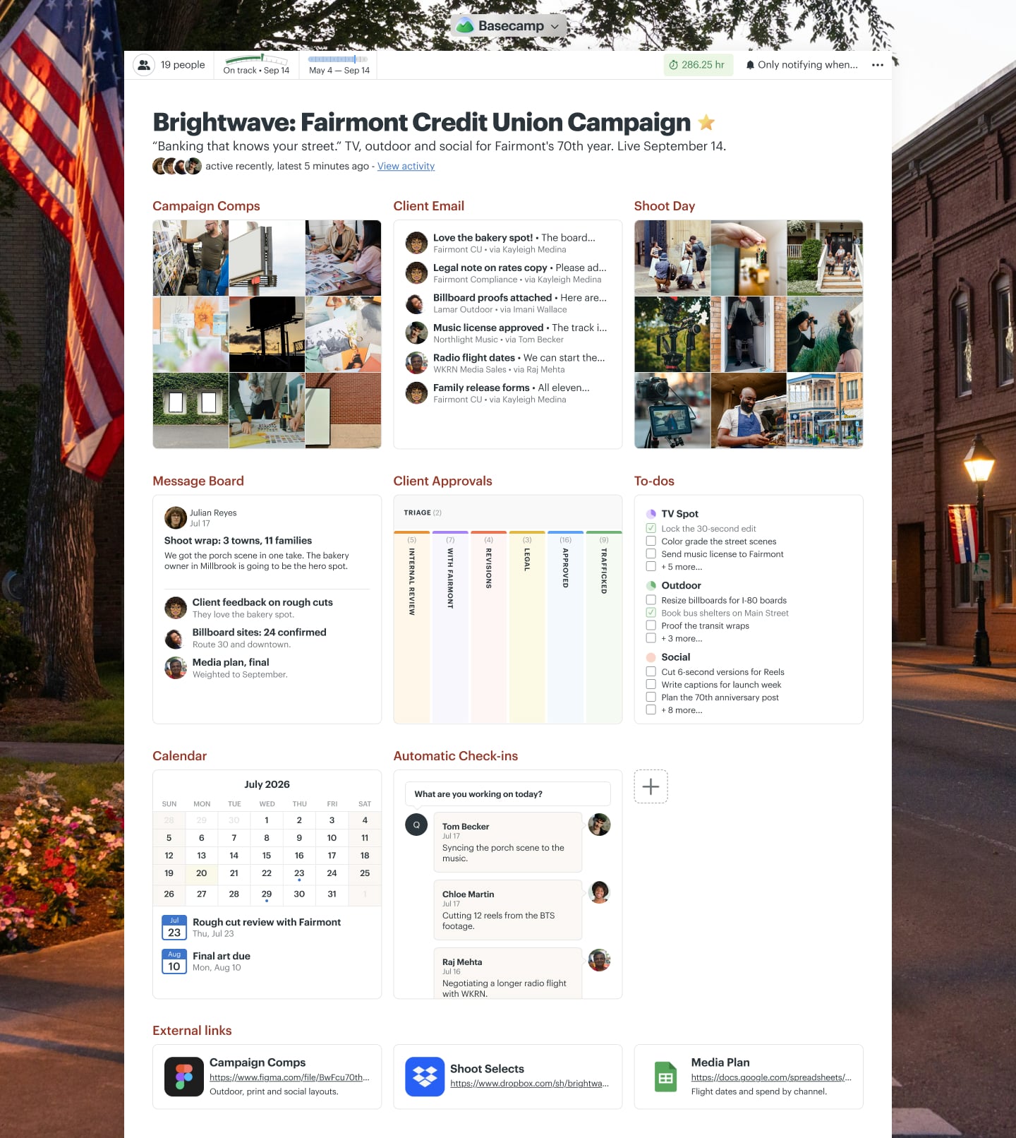 An ad campaign project in Basecamp with a Message Board, Docs & Files, a Card Table, To-dos, and Email Forwards