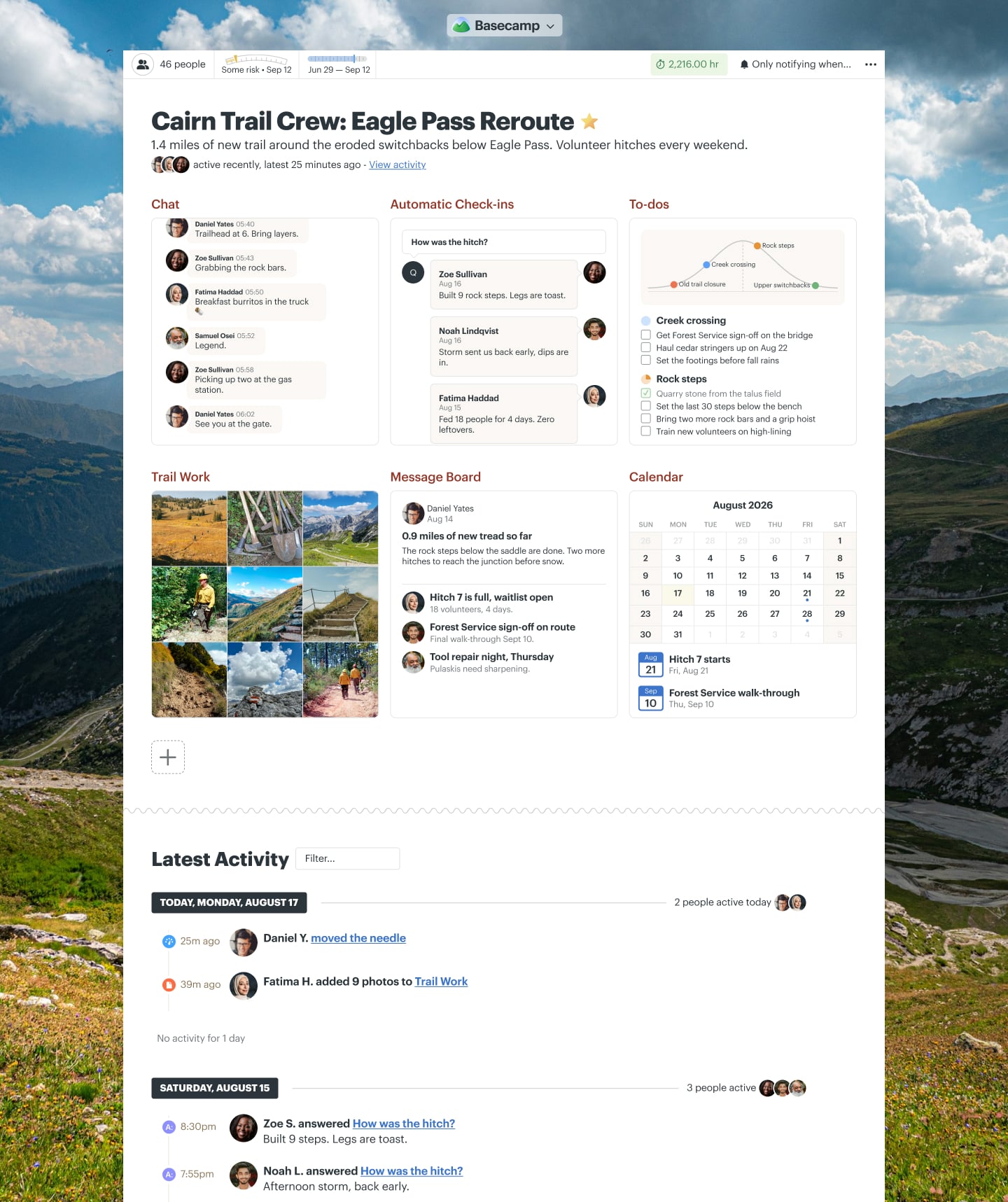 A trail building project in Basecamp with a Message Board, Docs & Files, To-dos, a Calendar, and Chat