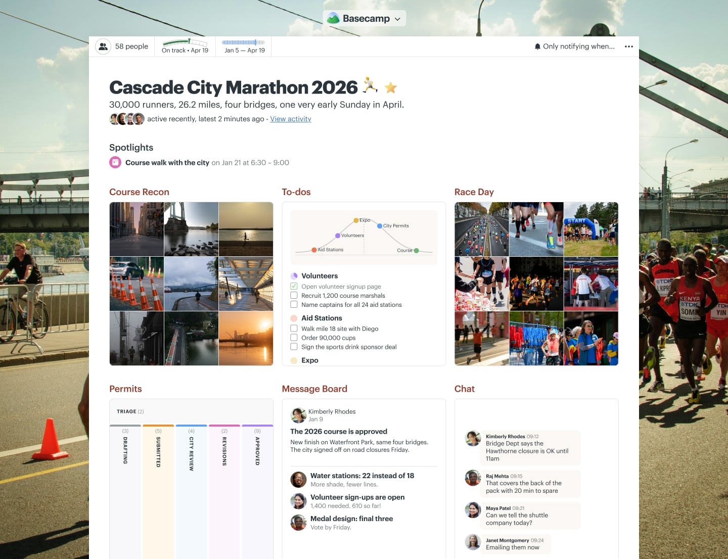 A marathon planning project in Basecamp with a Message Board, Docs & Files, To-dos, a Calendar, and Automatic Check-ins