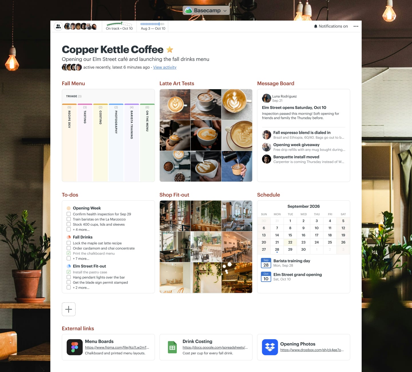 A café menu launch project in Basecamp with a Message Board, Docs & Files, To-dos, a Schedule, and Chat