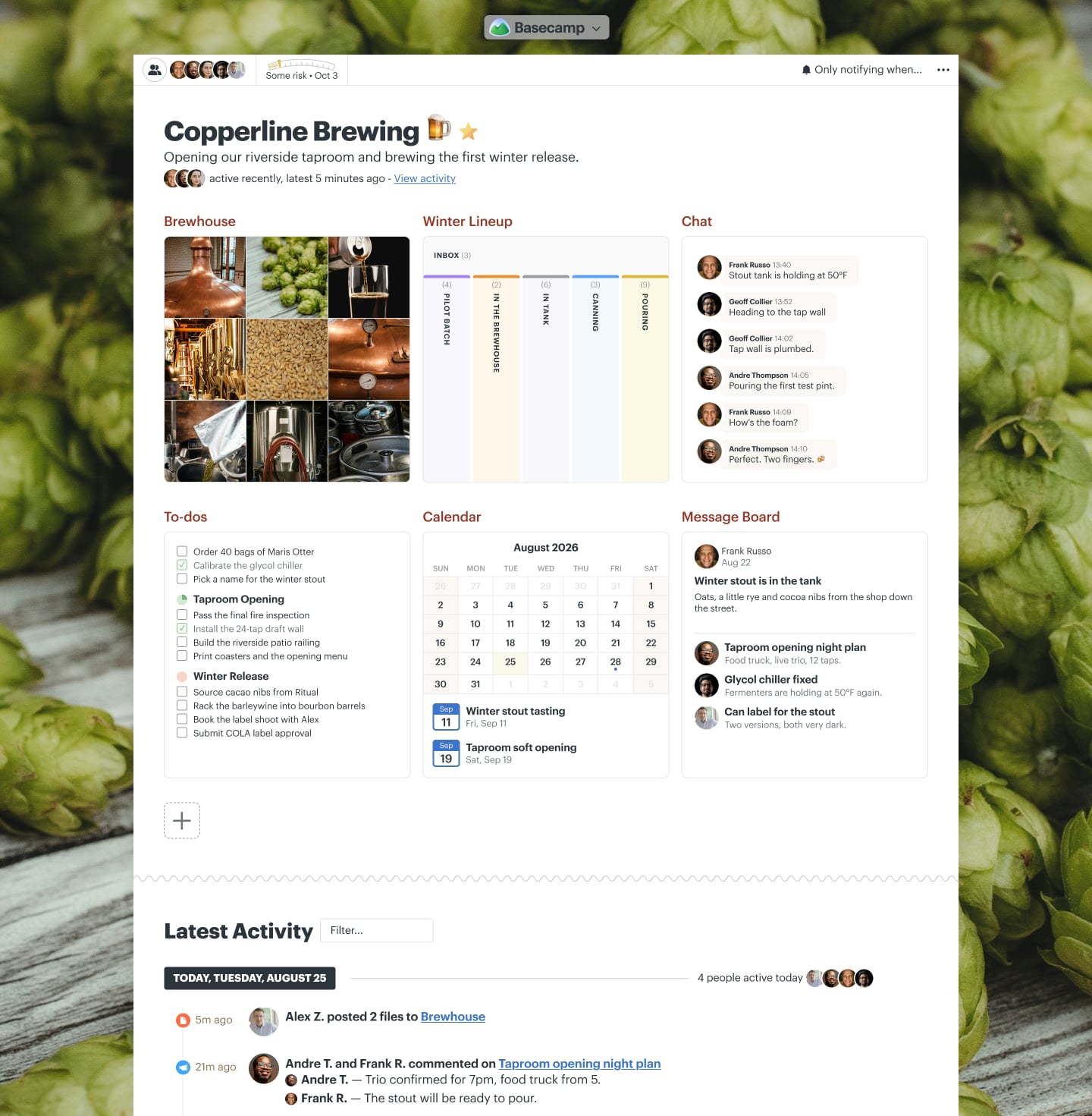 A taproom opening project in Basecamp with a Card Table, Docs & Files, a Message Board, To-dos, a Calendar, and Chat