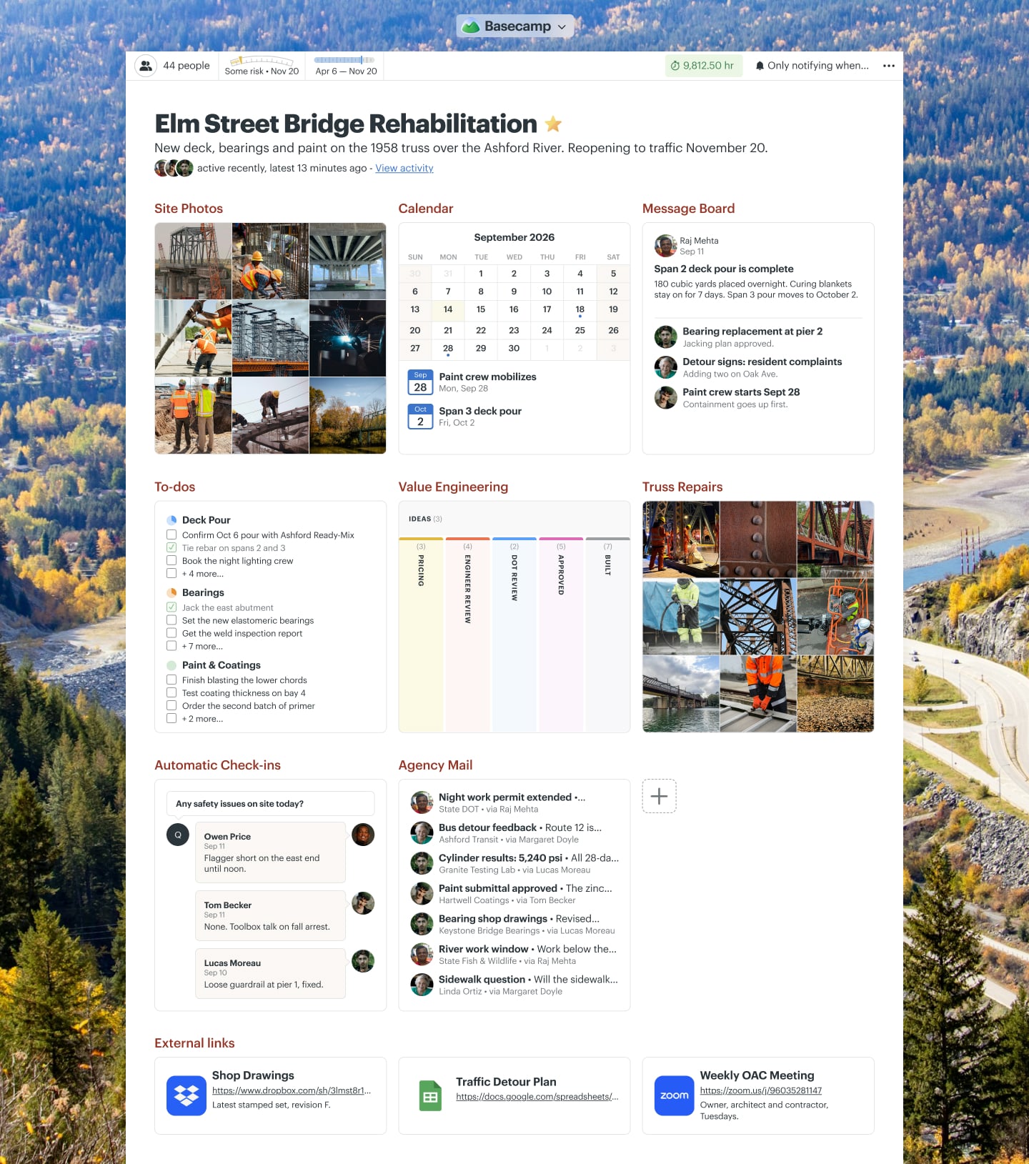 A bridge rehabilitation project in Basecamp with a Message Board, a Card Table, Docs & Files, To-dos, and Email Forwards