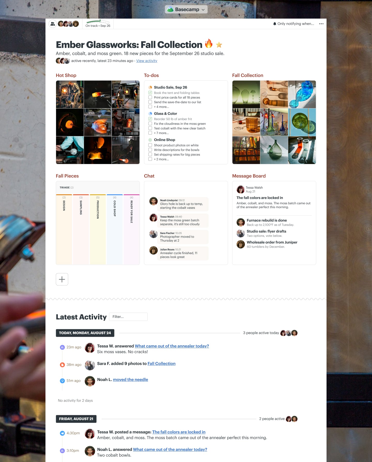 A glassware collection project in Basecamp with Docs & Files, a Message Board, a Calendar, To-dos, and Automatic Check-ins