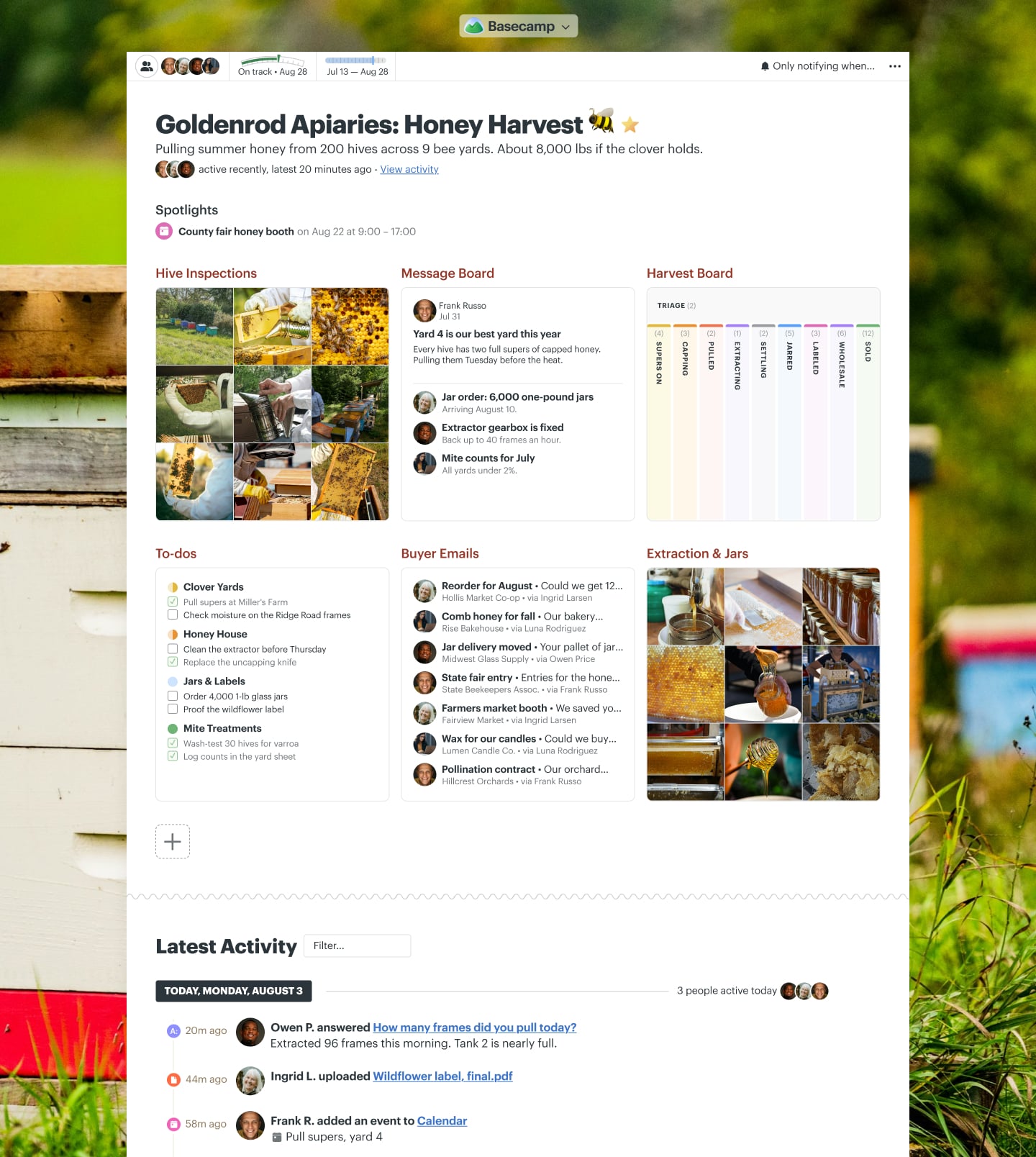 A honey harvest project in Basecamp with a Message Board, Docs & Files, To-dos, a Calendar, and Automatic Check-ins