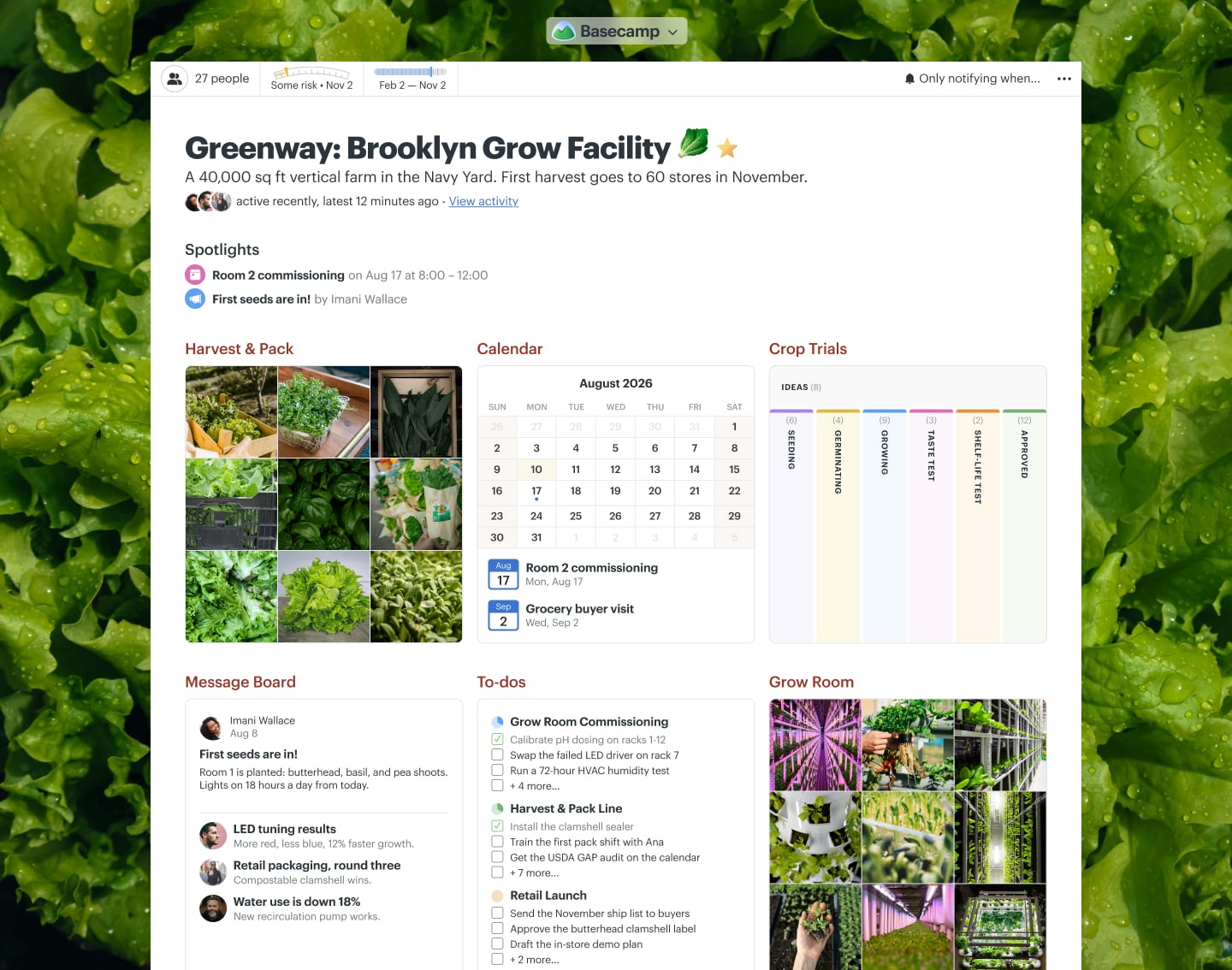 A vertical farm launch project in Basecamp with Docs & Files, a Message Board, To-dos, a Calendar, and Automatic Check-ins