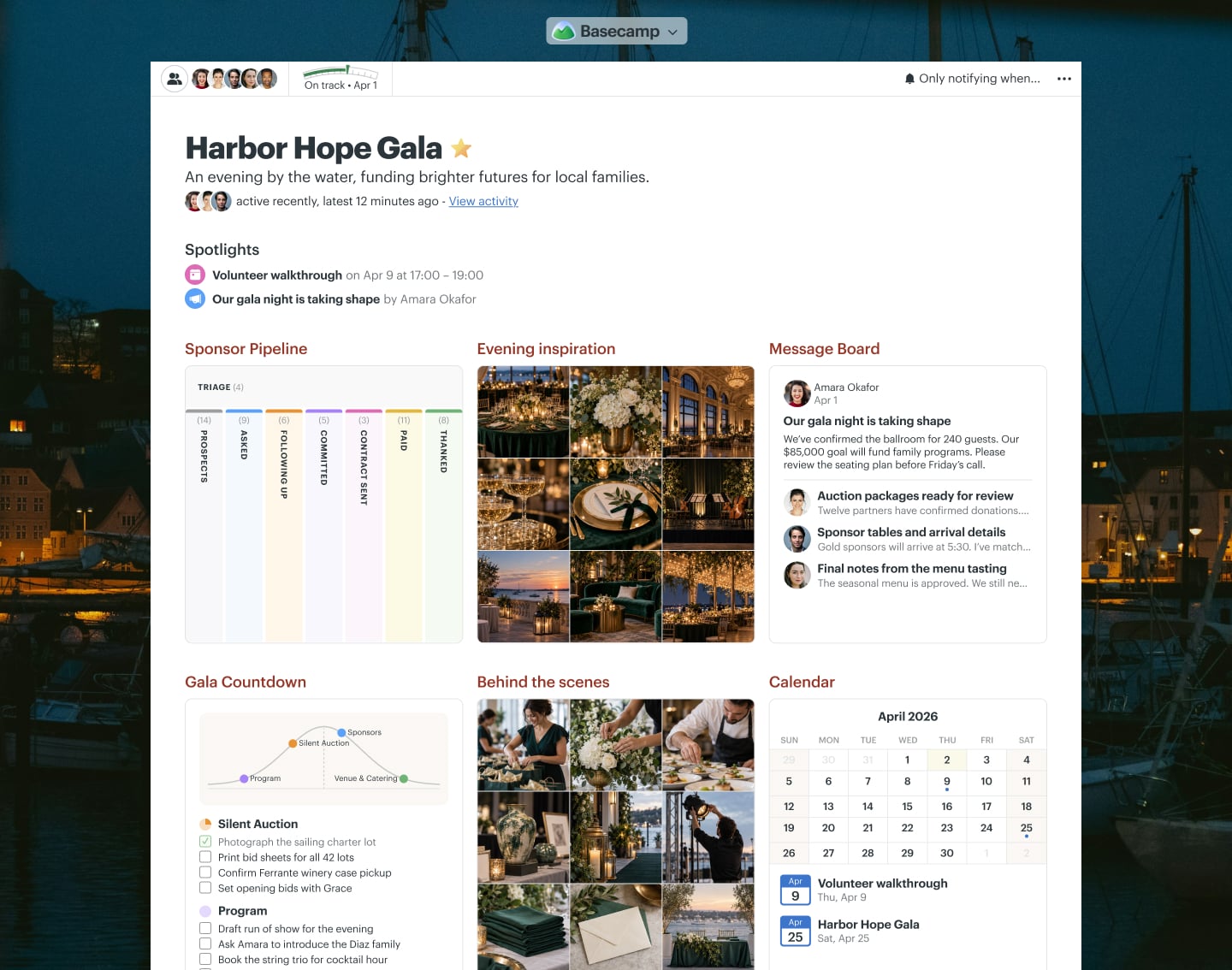 A charity gala planning project in Basecamp with Docs & Files, a Calendar, Email Forwards, and To-dos