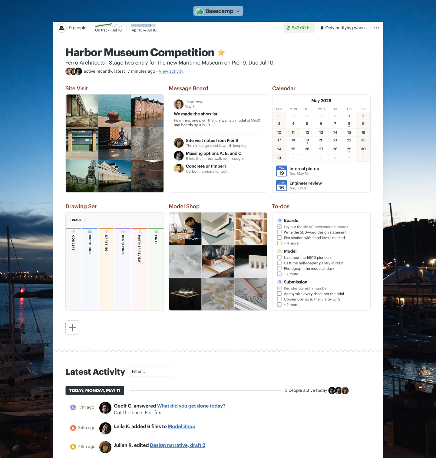 An architecture competition project in Basecamp with a Message Board, Docs & Files, a Calendar, and Automatic Check-ins