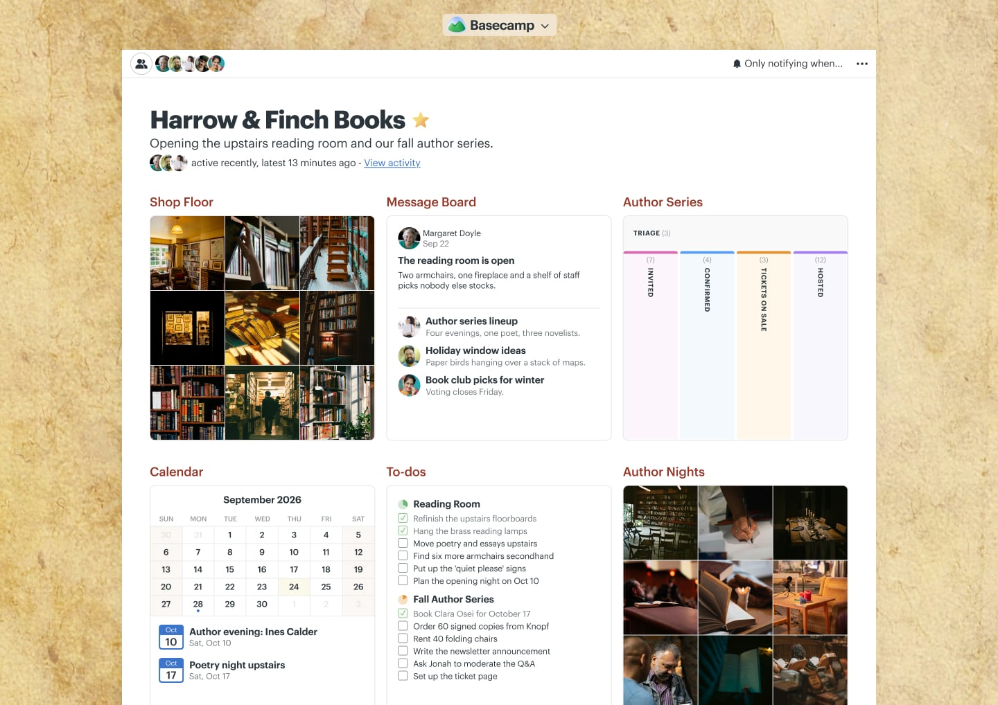 A bookstore author events project in Basecamp with a Calendar, a Message Board, To-dos, Docs & Files, and Automatic Check-ins