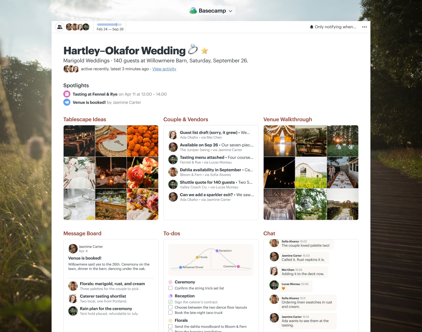 A wedding planning project in Basecamp with Docs & Files, a Message Board, a Schedule, To-dos, and Chat