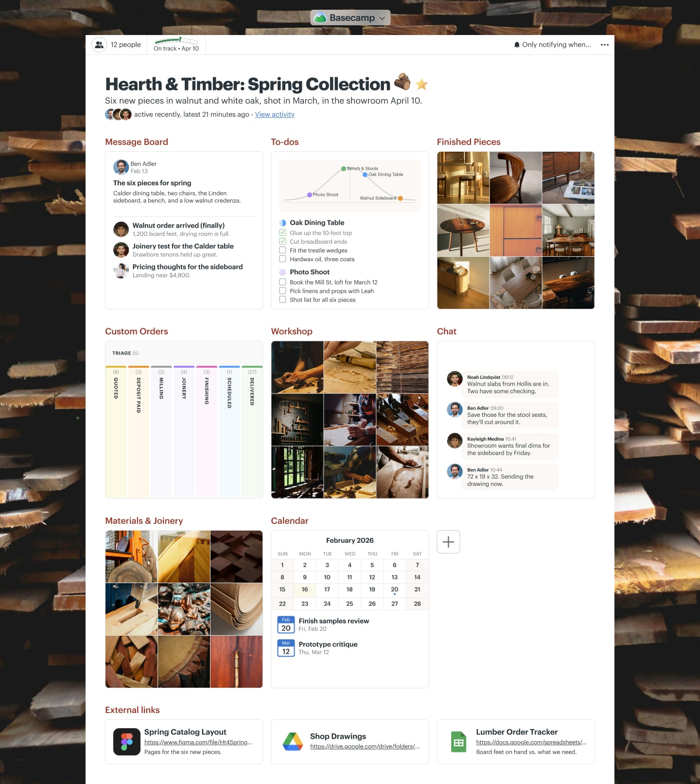 A furniture collection project in Basecamp with a Card Table, Docs & Files, a Message Board, a Calendar, and Automatic Check-ins