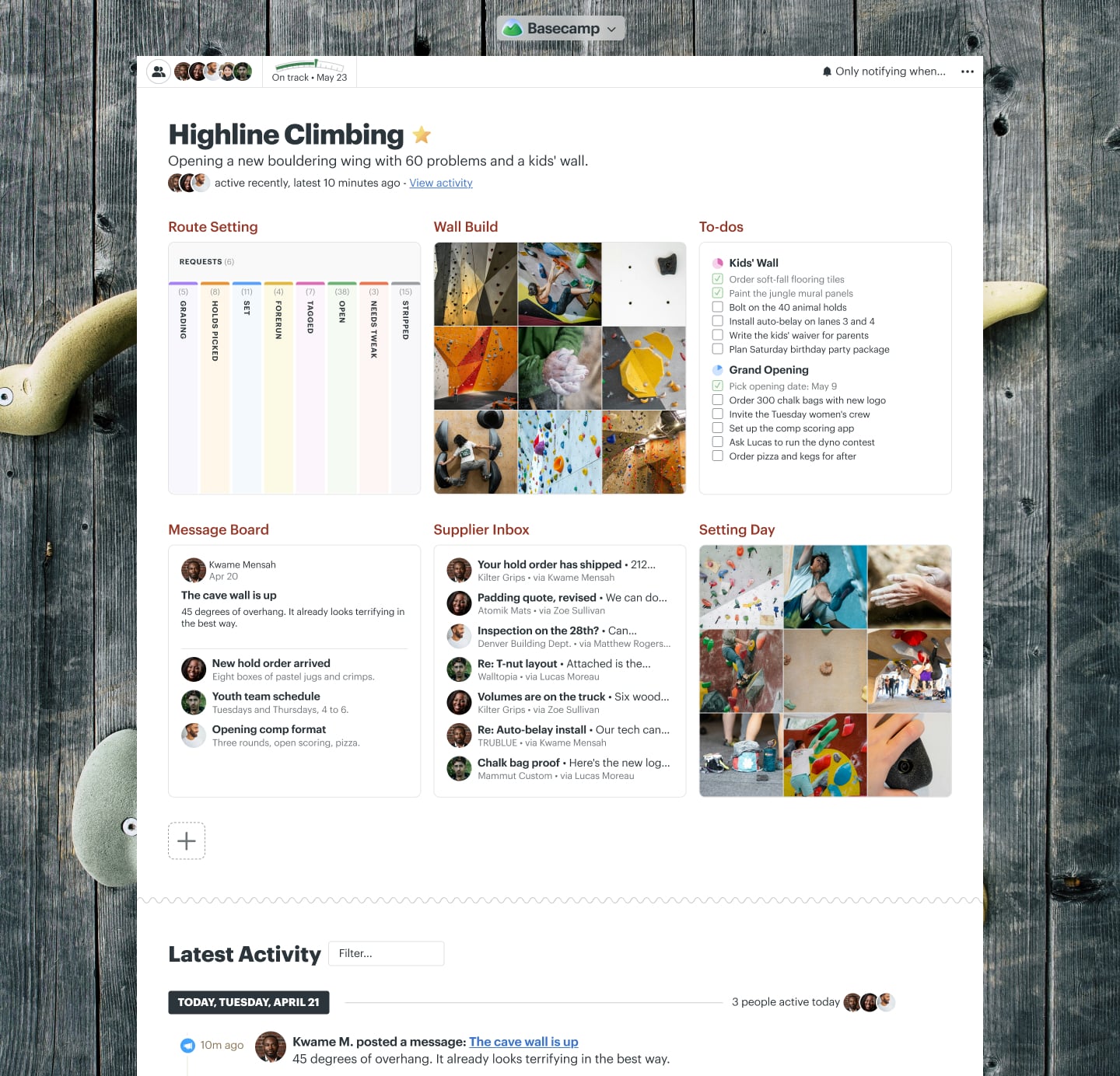 A climbing gym expansion project in Basecamp with Docs & Files, a Message Board, To-dos, a Schedule, and Chat
