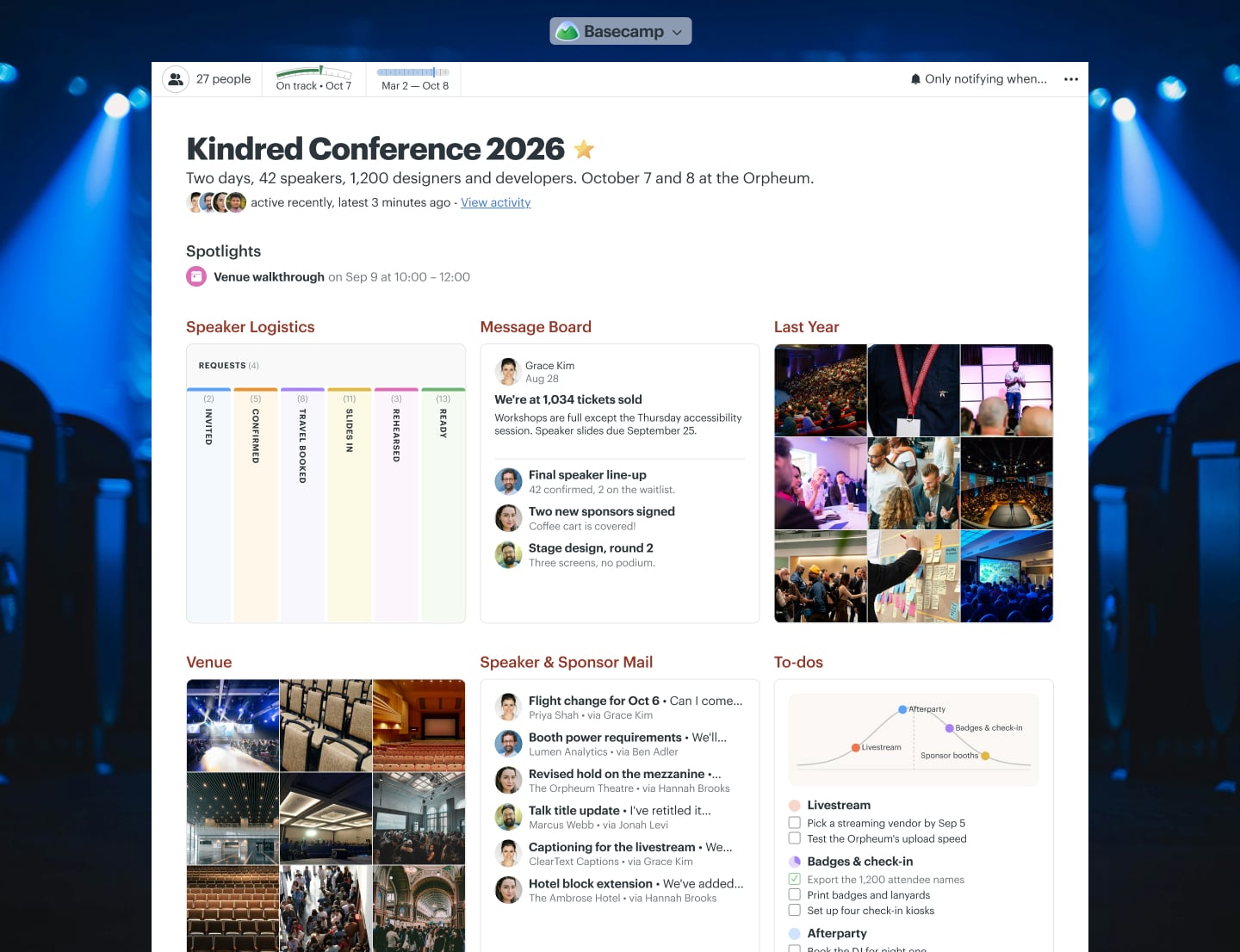 A design conference project in Basecamp with a Message Board, Docs & Files, a Card Table, To-dos, and a Calendar