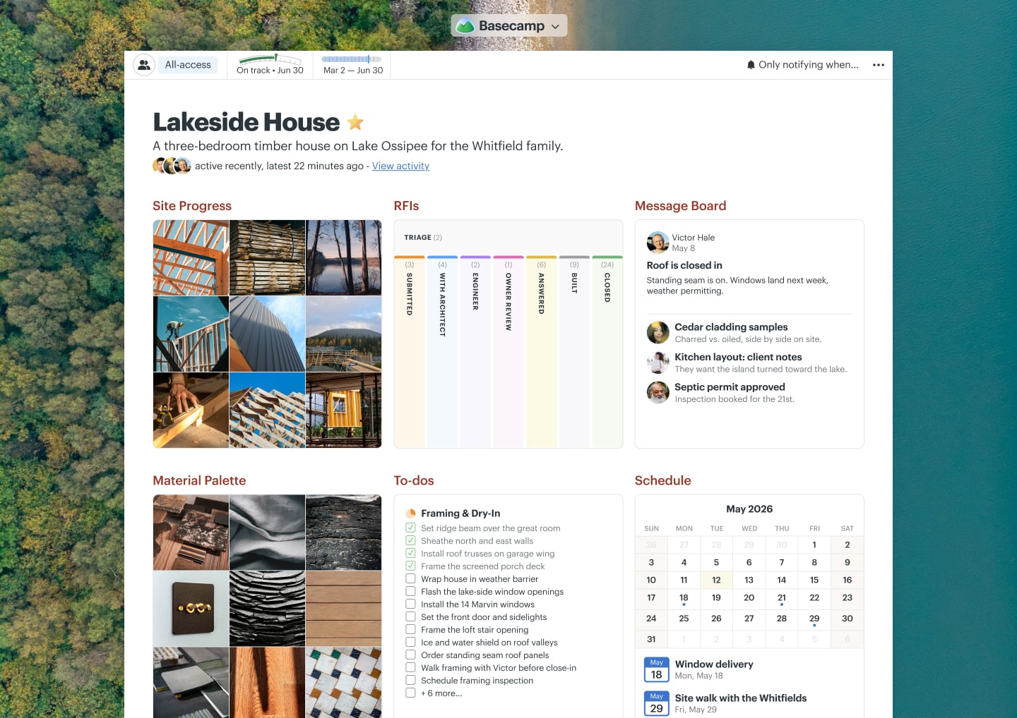A custom home design project in Basecamp with a Card Table, Docs & Files, a Message Board, and a Schedule