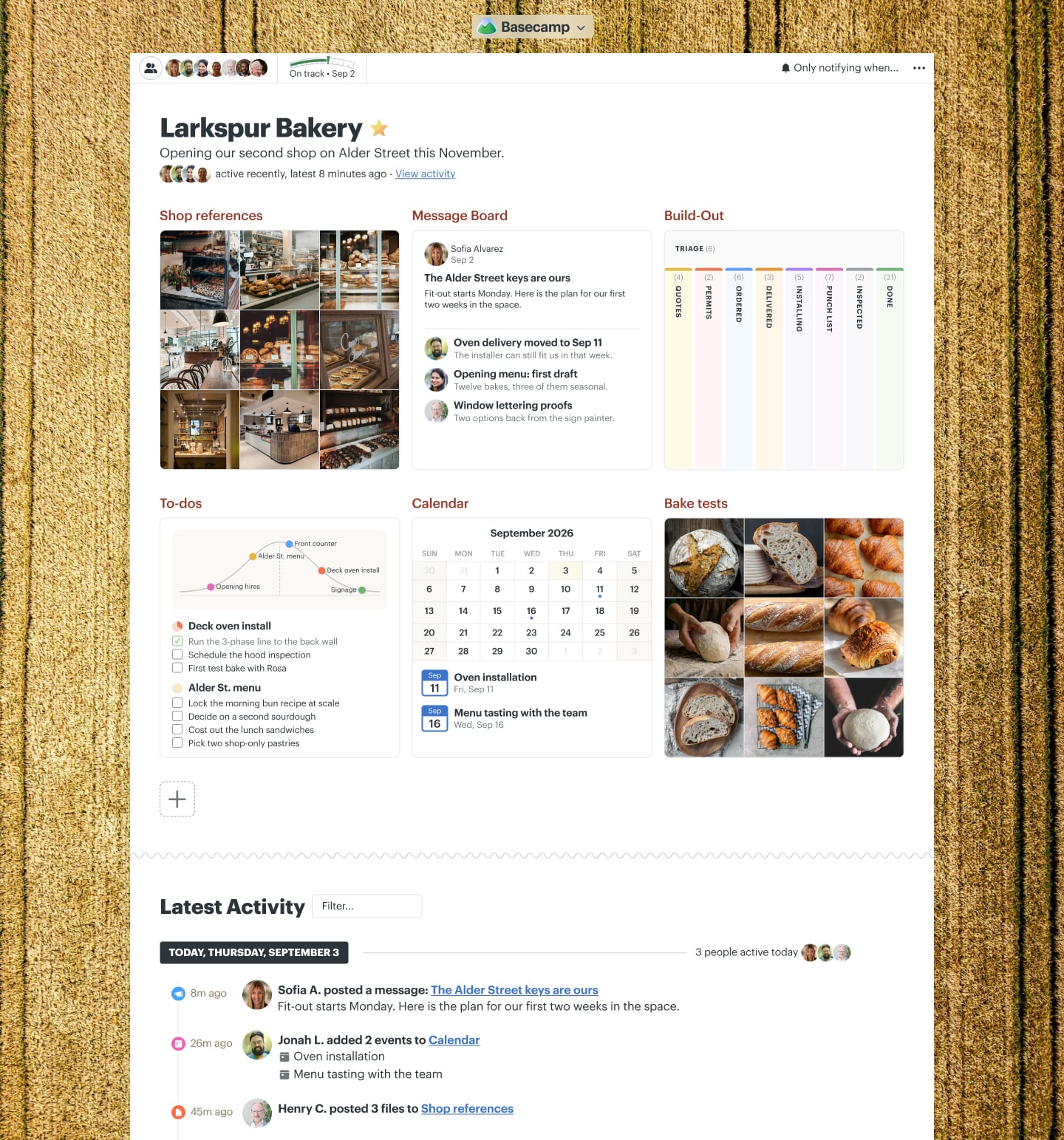 A business expansion project in Basecamp with a Message Board, a Calendar, Docs & Files, To-dos, and Chat