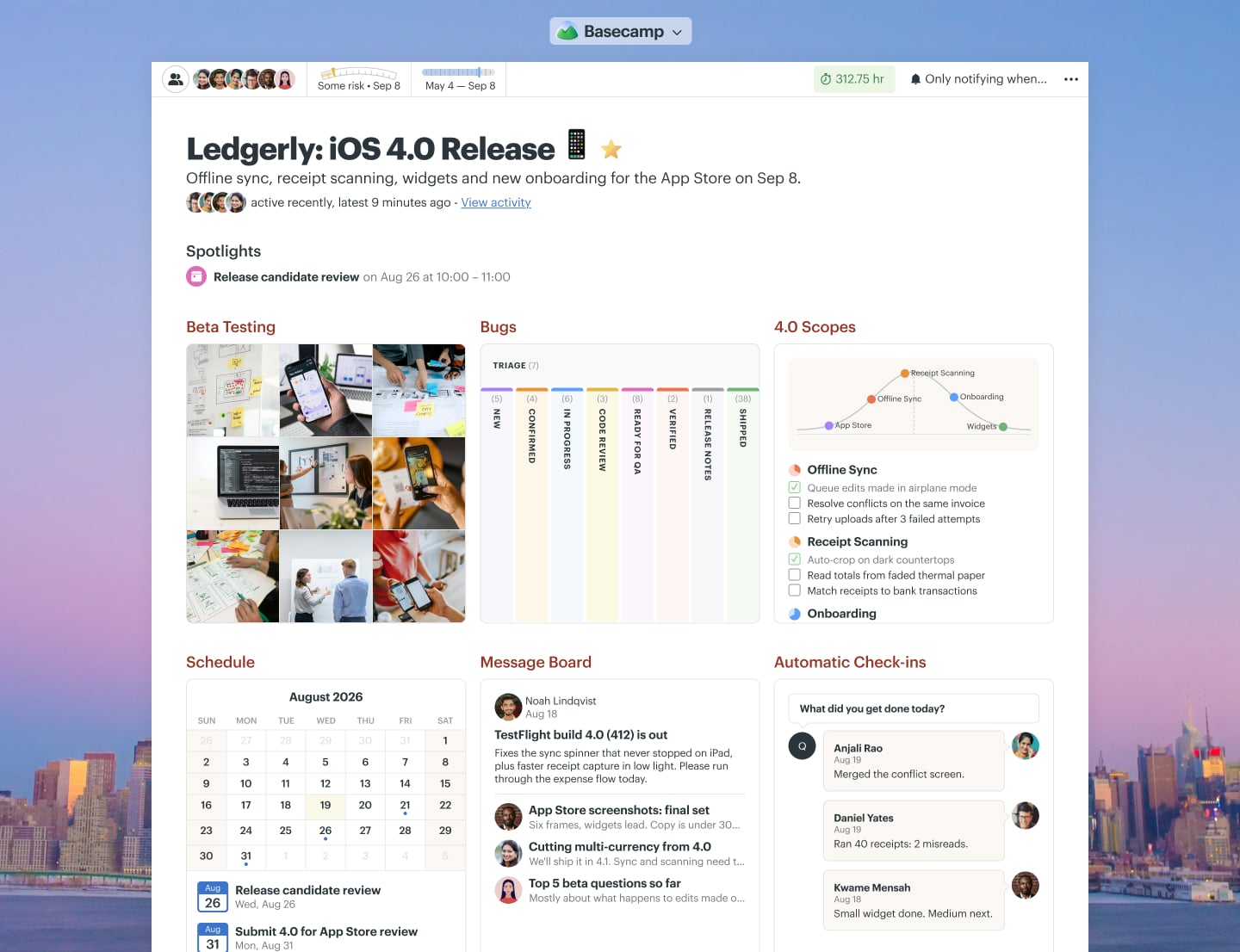 A mobile app release project in Basecamp with To-dos, a Card Table, Docs & Files, a Message Board, a Schedule, and Automatic Check-ins