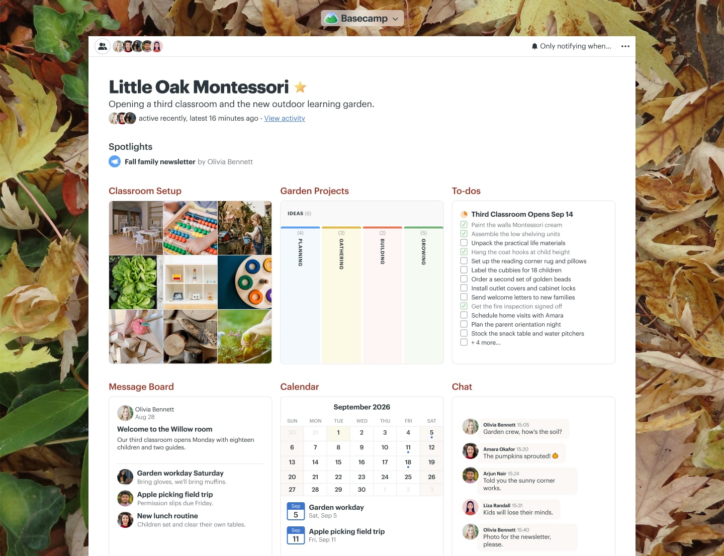 A classroom expansion project in Basecamp with Docs & Files, a Message Board, To-dos, a Calendar, and Email Forwards