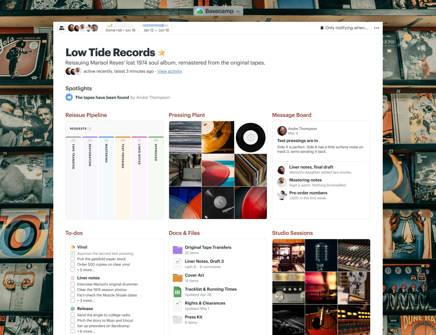 An album reissue project in Basecamp with a Card Table, Docs & Files, a Message Board, and a Schedule