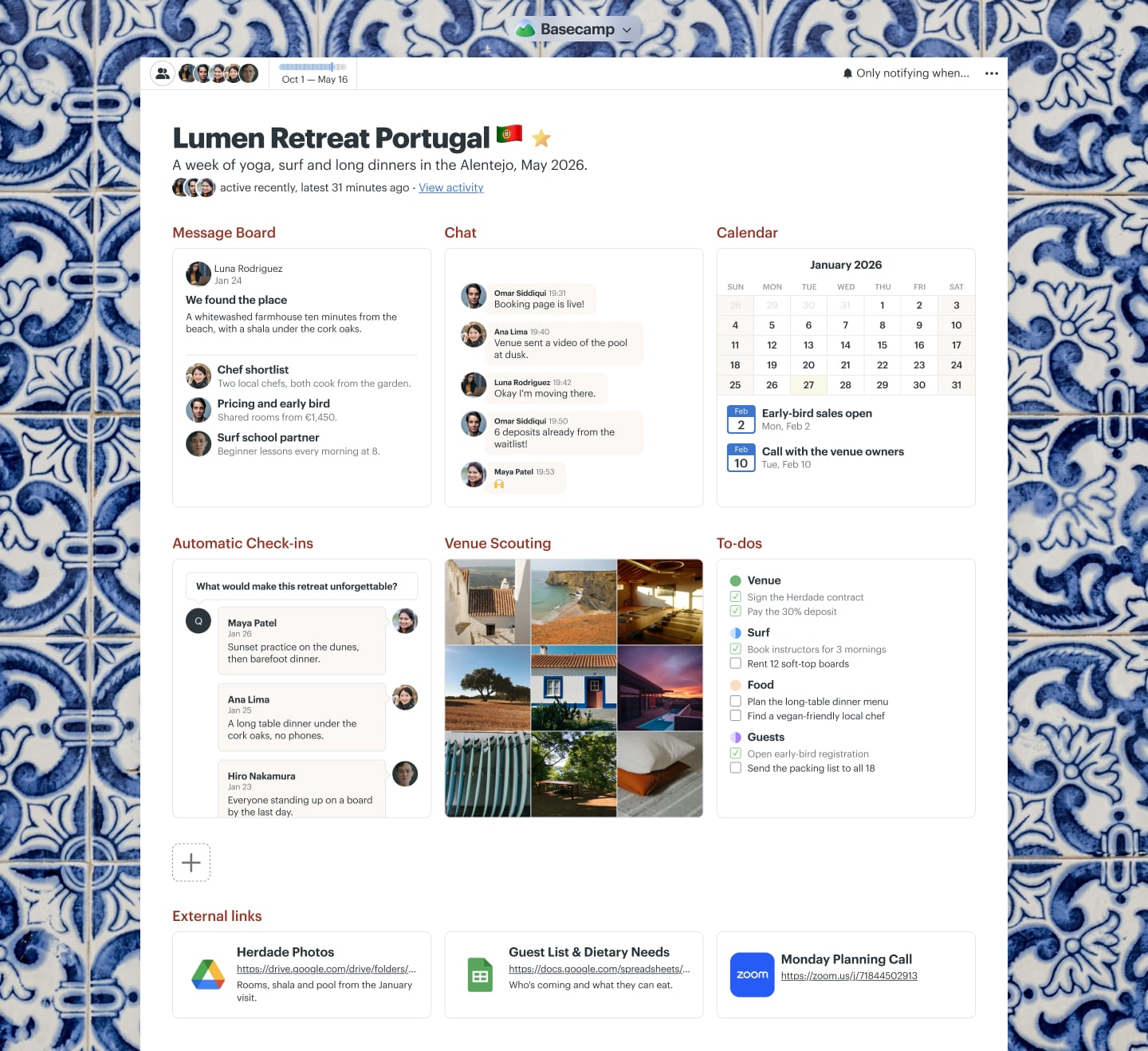A retreat planning project in Basecamp with Docs & Files, a Message Board, a Calendar, To-dos, Chat, and Automatic Check-ins