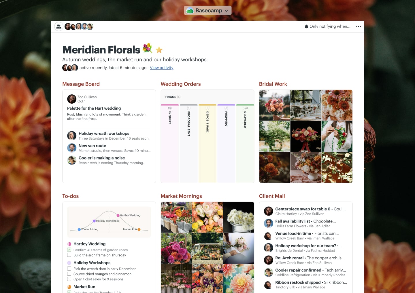 A florist wedding bookings project in Basecamp with a Message Board, a Calendar, Docs & Files, To-dos, and Chat