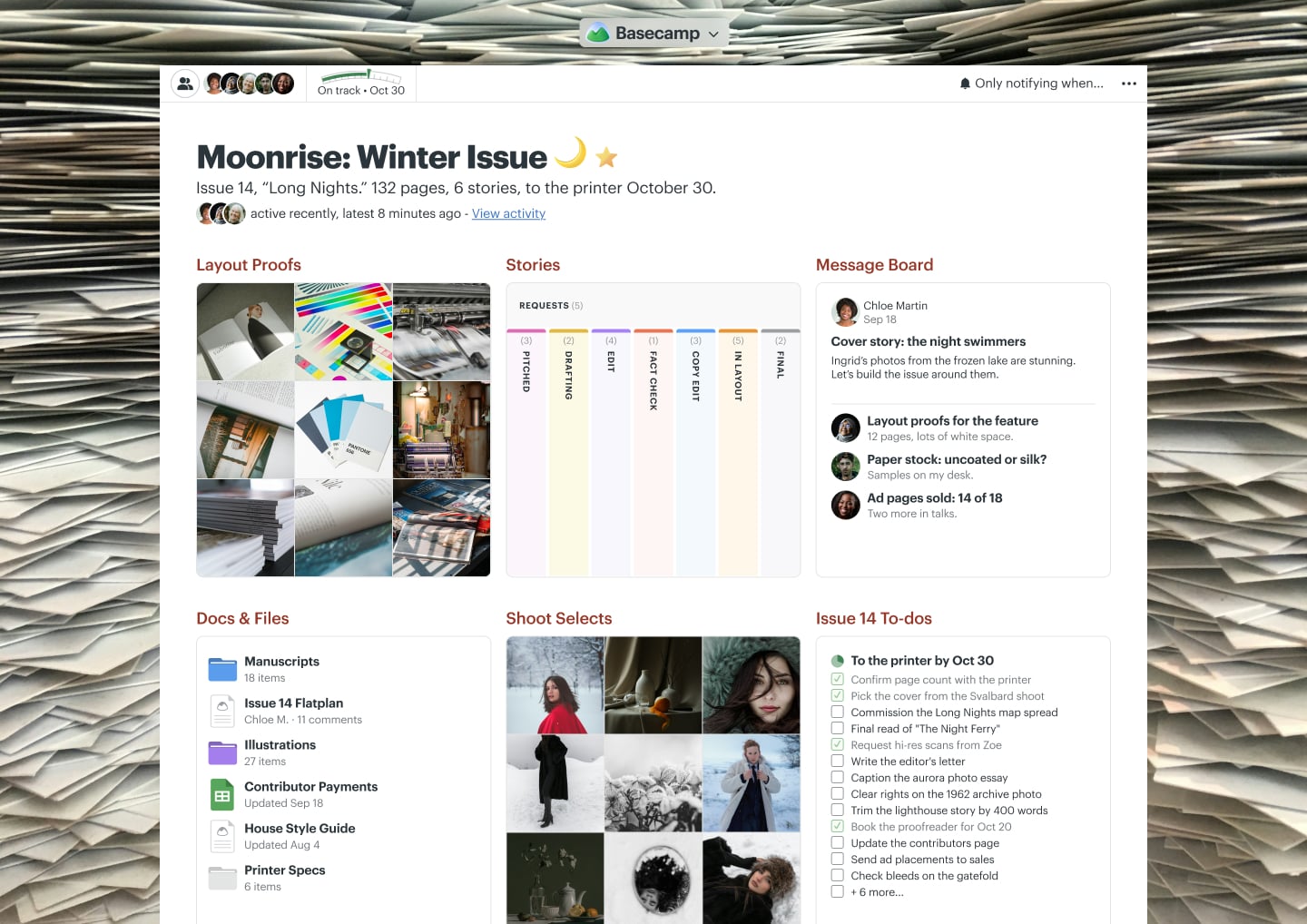 A magazine production project in Basecamp with Docs & Files, a Message Board, To-dos, a Calendar, and Automatic Check-ins