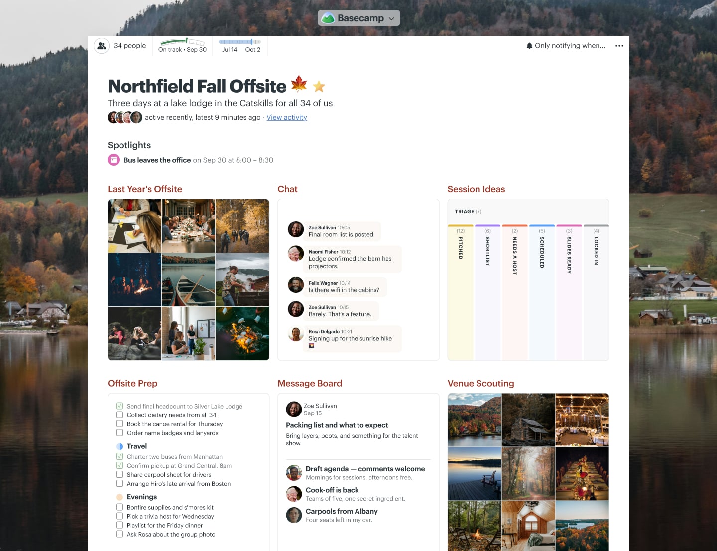 A company offsite project in Basecamp with a Schedule, To-dos, a Card Table, Docs & Files, and a Message Board