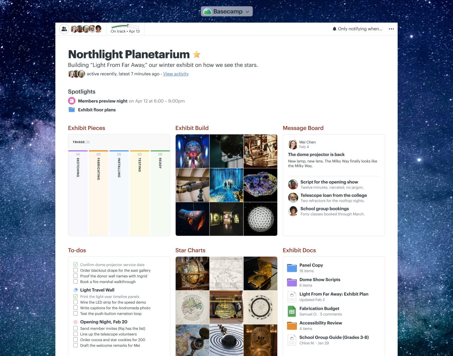A museum exhibit project in Basecamp with Docs & Files, a Message Board, To-dos, and Chat