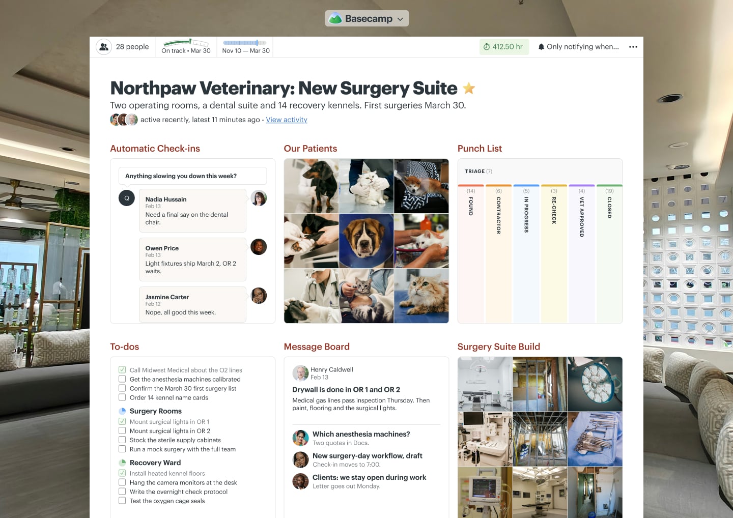 A surgery suite build project in Basecamp with Docs & Files, a Message Board, a Card Table, To-dos, and a Calendar