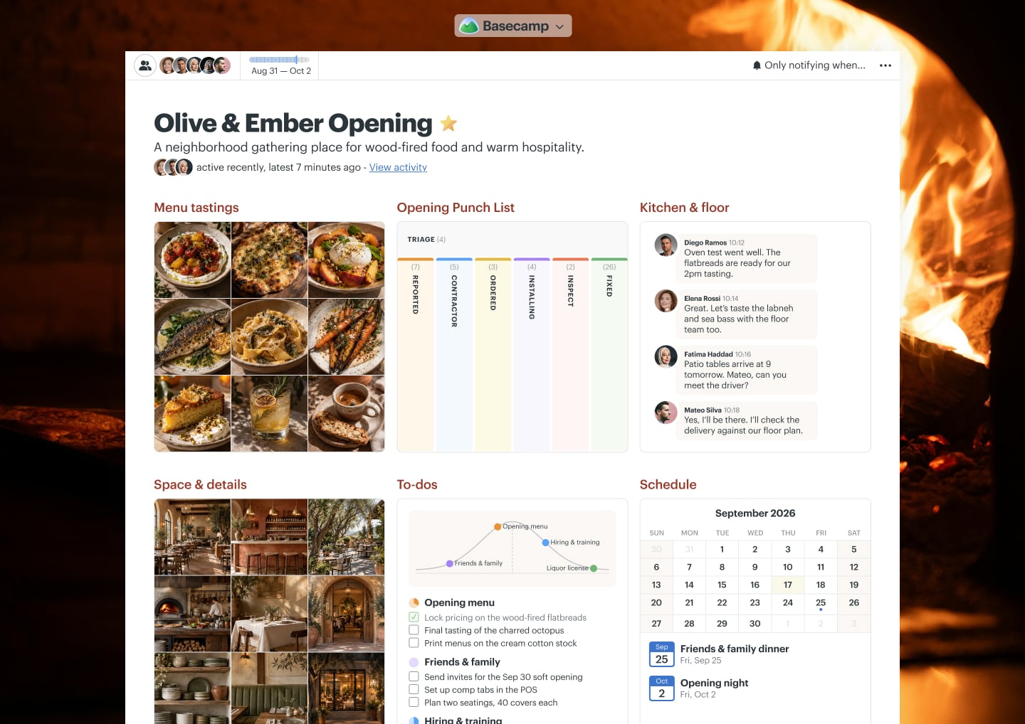 A restaurant opening project in Basecamp with Docs & Files, Chat, To-dos, a Schedule, and Automatic Check-ins
