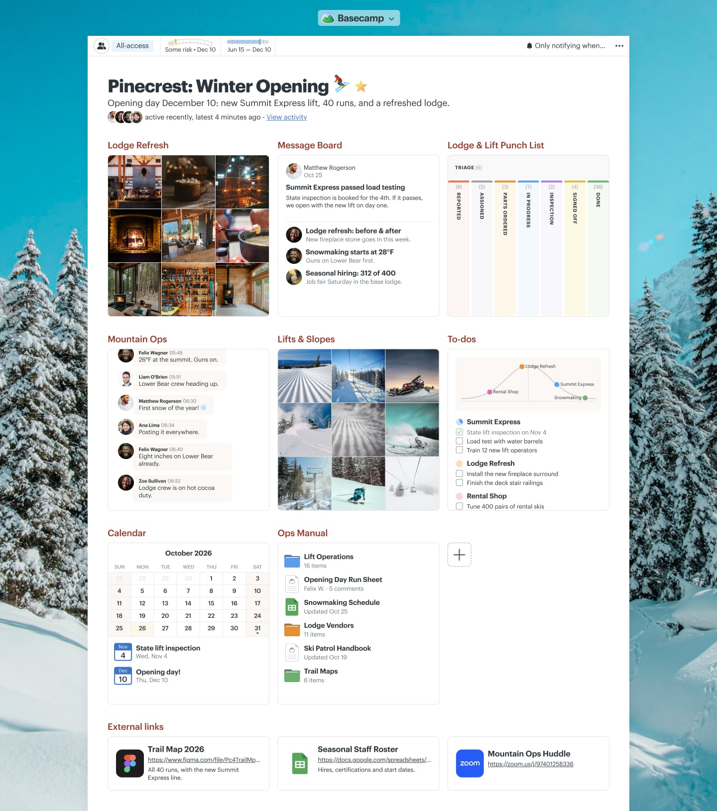 A ski season opening project in Basecamp with Chat, a Card Table, Docs & Files, a Message Board, a Calendar, and Automatic Check-ins