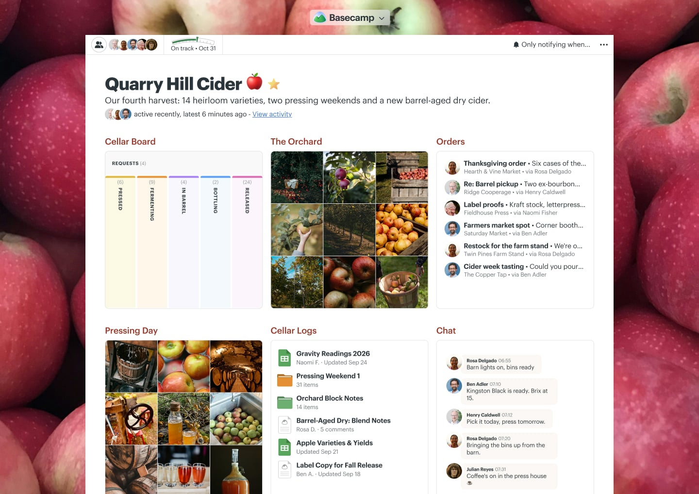 A cider harvest project in Basecamp with a Card Table, Docs & Files, Email Forwards, a Calendar, and Chat